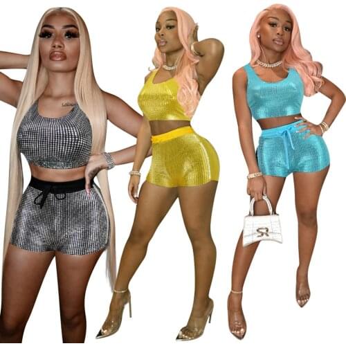 2021 Summer New Womens Temperament Bronzing U Neck Tie Sexy Fashion Casual Two Piece Suit