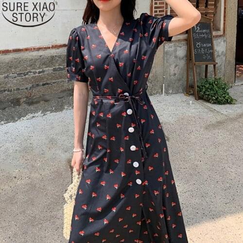 New Short Sleeve Dress Temperament V-neck Women Floral Dress High Waist Long Dress Summer A-line Dresses Vestido Feminino 15102