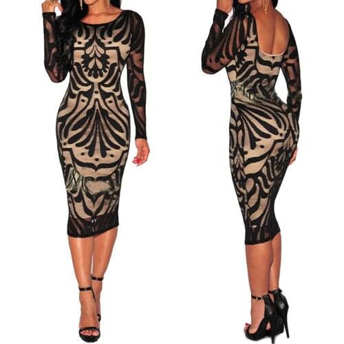 U-SWEAR Sexy Womens Black Floral Nightclub Long Sleeve Slim Fit Lace Crewneck Dress Knee Length Dresses Vestidos De Fiesta