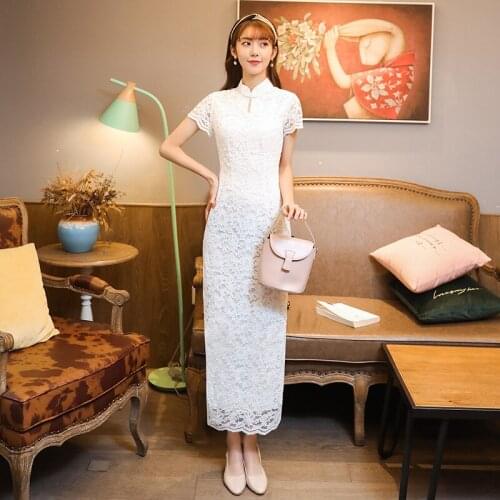 Lady Sexy Lace Qipao Classic Embroidery Flower Cheongsam Elegant White Chinese Dress Vintage Perspective Vestidos Plus Size 3xl