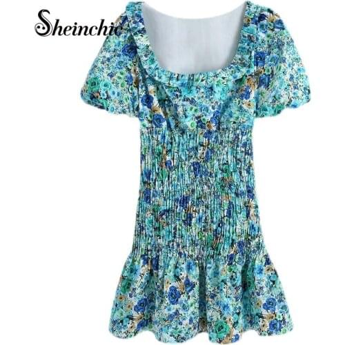 Elegant Blue Floral Printed Ruffles Women Dress 2021 Summer Vintage Casual Short Sleeve Mini Dress Vestidos