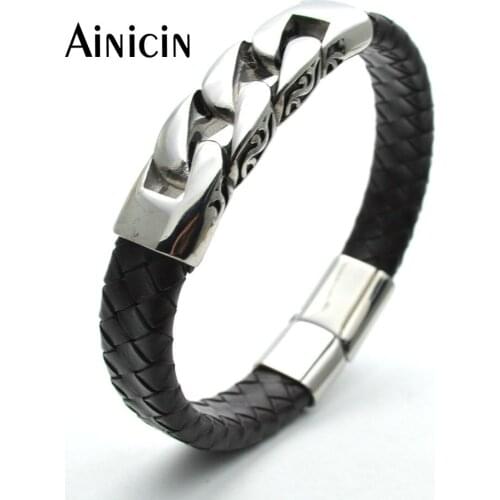 14mm Wide Fashion Chain Shape Stainless Steel Genuine Leather Bracelets For Punk Mens Jewelry Christmas Birthday Gift