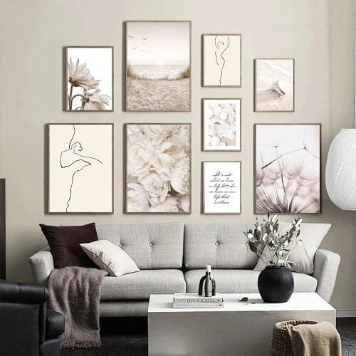 Abstract Line Canvas Paintings Peony Flower Dandelion Poster Beach Shell Birds Nordic Wall Art Print Pictures Living Room Decor