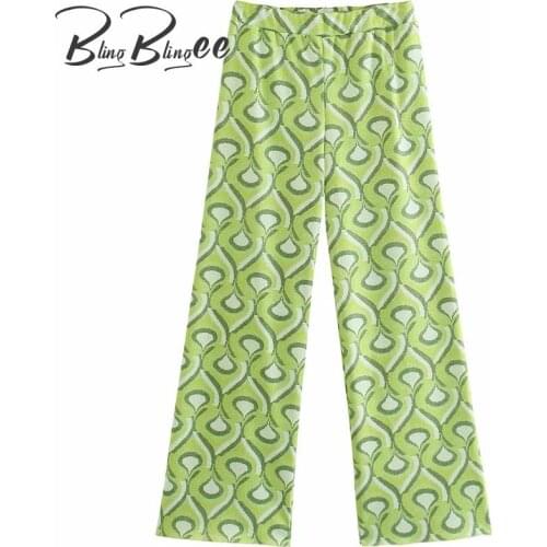 BlingBlingee Za 2021 Autumn Woman Casual Trousers Traf Elastic High Waist Loose Geometric Knitted Green Straight Leg Long Pants