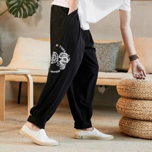 Loose Casual Pants Summer Chinese Style Printed Sports Overalls Black Blue Oversize Men Oversize Wide-leg Trousers Autumn Winter