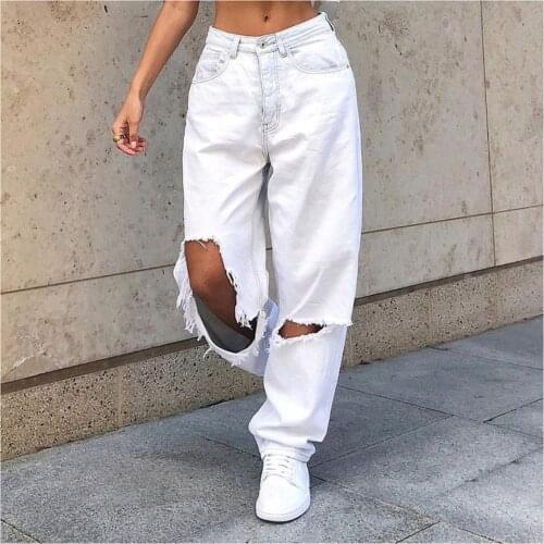 Womens Pants Wide Leg Hole Jeans Women High Waist Casual Loose Spring Summer Ripped Denim Pants
