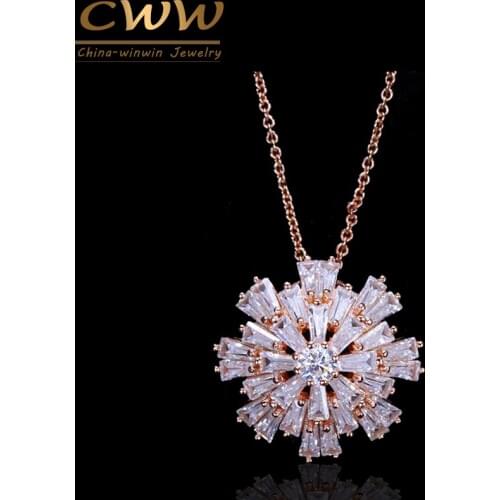 CWWZircons High Quality Gorgeous Bar Cubic Zirconia Crystal Fashion Rose Gold Color Flower Necklace Pendants For Women CP018