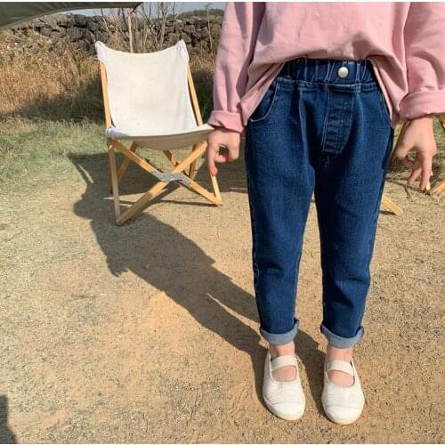 2-8 Y Baby Girls Jeans 2021 Spring New Korean Solid Straight Denim Pants For Girls Kids Casual Loose Elasticity Jeans Trousers
