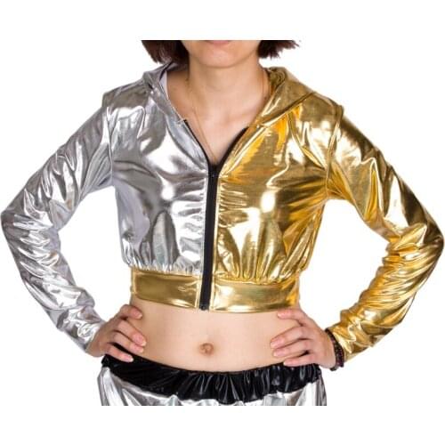 Heroprose Brand New Fashion Women Gold Silver Tops Clothing Jazz Hip Hop Dance Performance Dancer Withi a hood Coat Jacket