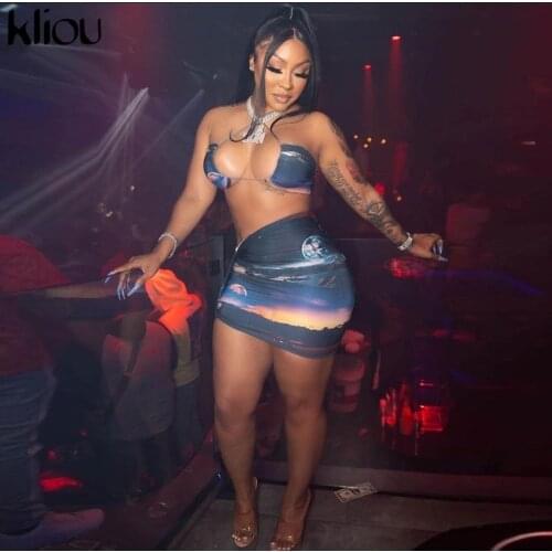 Kliou Night Sky Print Two Piece Set Women Sexy Lace Up Halter Cropped Bra+Mini Pleated Dress Co-ord Outfits Female Hot Clubwear