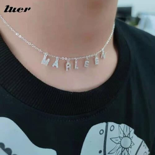 LUER Custom Diamond Necklace Personalized Name Pendant Necklaces 6mm Pave Crystal Letter For Women Girl Birthday Gift Jewelry