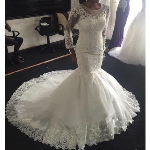 Charming Scoop Neckline Long Sleeves South African Wedding Dresses Sweep Train Lace Appliques Bridal Gowns
