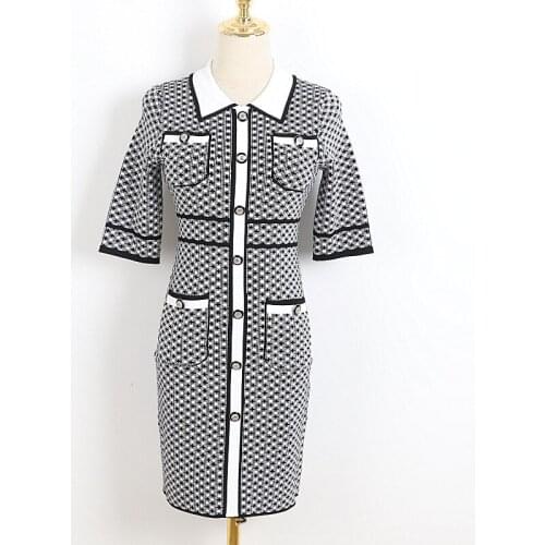 Single Breasted Women Elegant Office Ladies Lapel Black Pink Checked Vintage Bran Ddesign Knitted Mini Dress Holiday Clothes