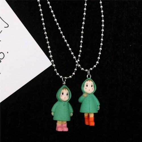 Anime Red Galoshes Girl Doll Necklaces Women Cartoon Green Raincoat Girls Charm Choker Cute Dolls Pendant Necklace for Kids Gift
