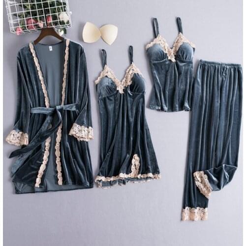 4PCS Velour Sleepwear Sleep Set Womens Autumn Nightwear Robe V-Neck Pijamas Softy Gown Sleepshirt Winter Pajamas Suit Negligee