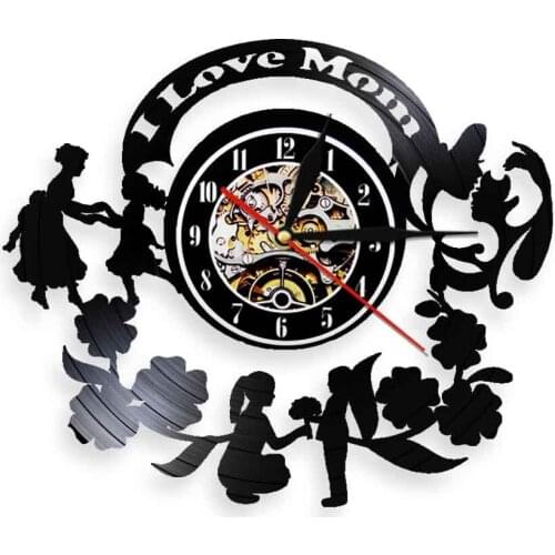 I Love You Mom Vinyl Record Wall Clock Led Wall Light Watch Flowers Home Decorative Clocks Mothers Day Gift For Mom Grandmother