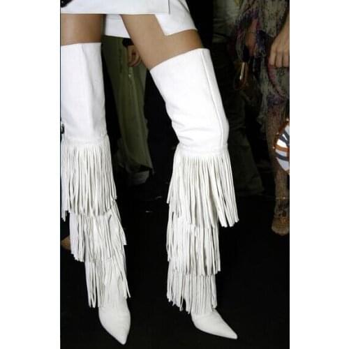 New Fall winter white color tassels thigh high boots for woman side zipper pointed toe stiletto high heels over the knee boots
