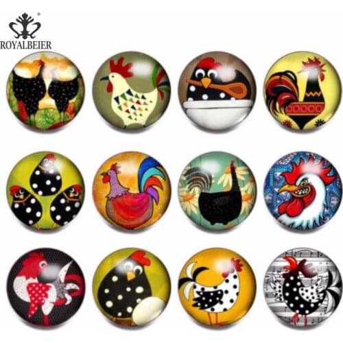 RoyalBeier 12pcs/lot Catroon Cock Theme Glass Charms 18mm Snap Button Jewelry For 20mm Snaps Bracelet Snap Jewelry KZ0819