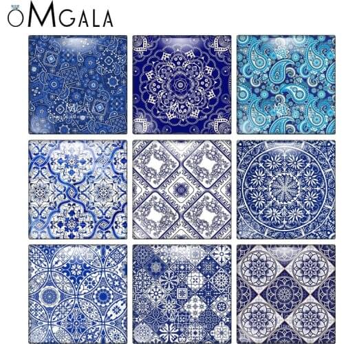 Blue Color Flowers Paisley Patterns Square 10pcs mixed 12mm/20mm/25mm/30mm photo glass cabochon demo flat back Making findings