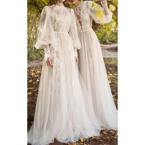 Vintage Muslim Wedding Dresses High-Neck Tulle Appliques Pleat Illusion Vestido De Noiva Boho Dubai Arabic Wedding Gown Bridal