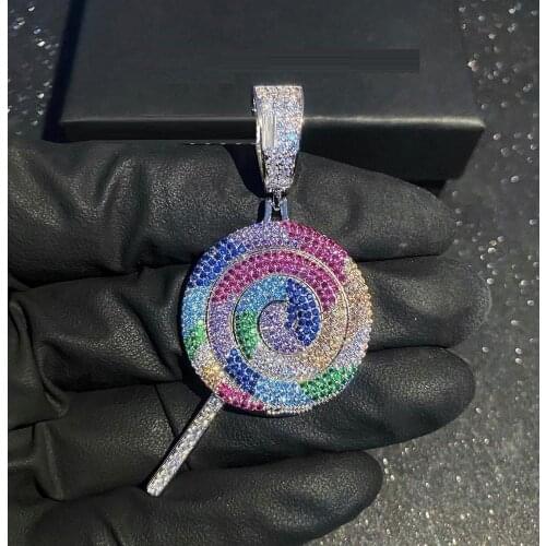 High quality paved color cz iced out bling big Multicolor Lollipop pendant hip hop bling 5a cz women Men Charm necklace jewelry