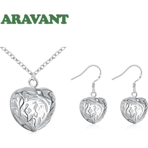 Fashion Bridal Jewelry Set 925 Silver Jewelry Heart Necklace Chain Drop Earrings Sets For Women Wedding Silver Jewelry Gifts