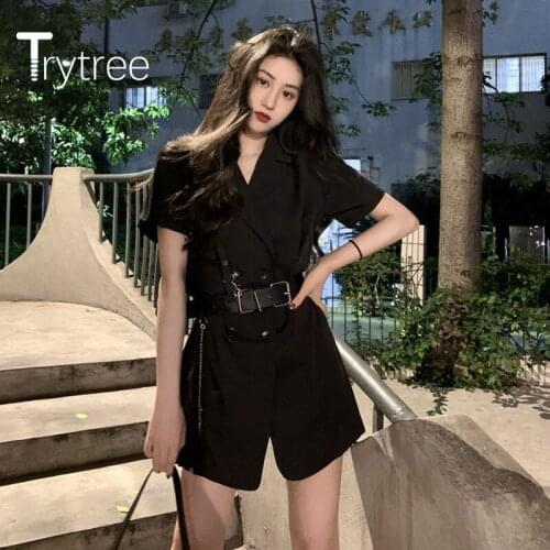 Trytree 2020 Summer Women Casual V-neck Dress Double Breasted Solid Temperament Vintage A-line Zipper Office Lady Suit Dress