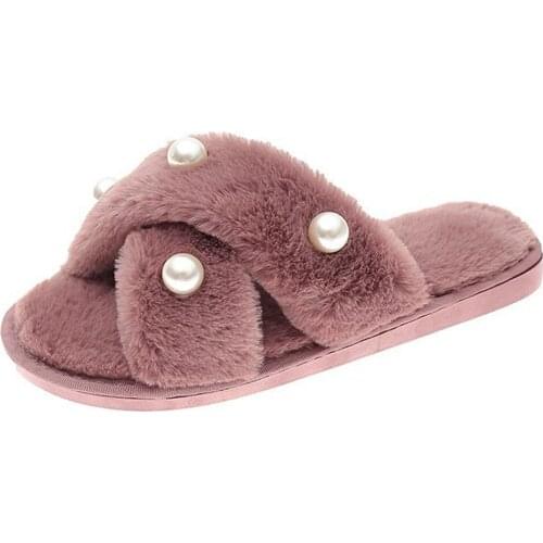Winter Home New Pearl Cross Fur Slippers Women Bedroom Warm Faux Fur Ladies Shoes Slip-on Indoor Female Plush Slippers hh127