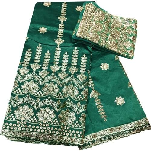 Gold Sequins Green Fabric 5+2 Yards Indian Raw Silk Nigerian George Lace Fabrics Set with Blouse for Wedding Party KRL-91165