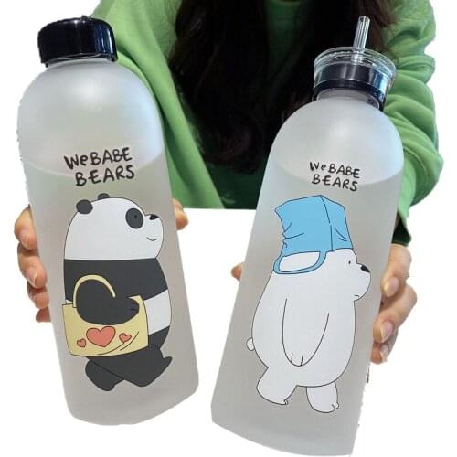 1000ml Transparent Leak-proof Drinkware Travel Portable Sports Water Bottle Frosted Plastic Water Bottle Bear Cartoon Pattern