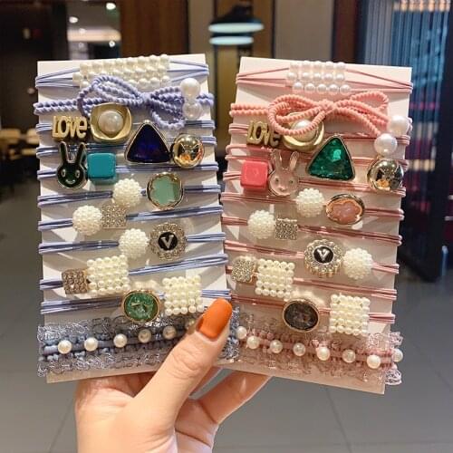 12Pcs/set Fashion Flower Hair Tie Rubber Band Colorful Rhinestone Cartoon Ponytail Holder Pearl Elastic Hair band Set Wholesale