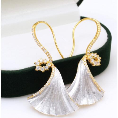 18K Gold Tone Matt Ginkgo Leaf Earrings 925 Sterling Silver Renaissance Drop Earring Nature Wedding Fine Jewelry C11E4S25450