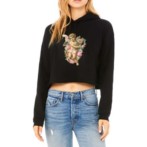 Angel Colored Printed Sexy Womens Crop Top 100%Cotton Trendy Spring Autumn Casual Long Sleeve Hooded Tops Christian Hoodies