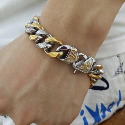15mm Wide Fashion Stainless Steel Silver Color&Gold Round Cuban Curb Link Chain Mens Bracelet Bangle 7-11inch