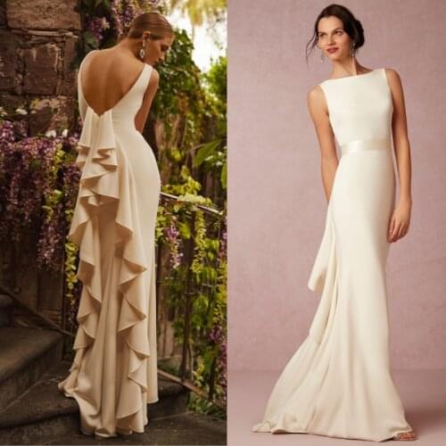 Elegant Boat Neck Backless Ruffles Satin Simple Wedding Dress 2020 Sexy Boho Bridal Gown vestido de noiva
