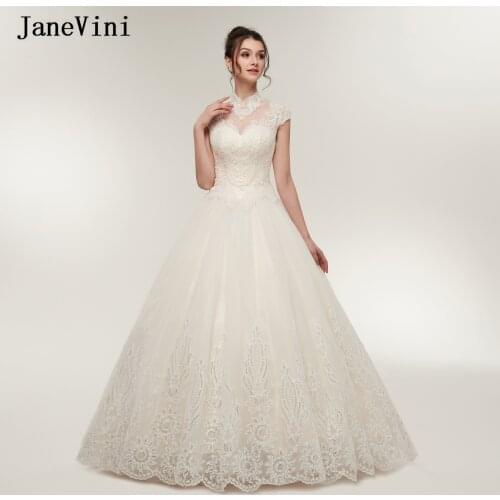 JaneVini Luxury Sequins Beading Plus Size Wedding Dresses 2021 High Neck Cap Sleeves Vintage Tulle Bridal Korean Dress Jurkjes