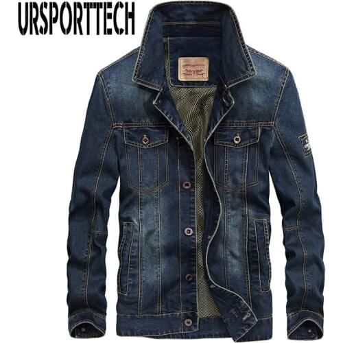 URSPORTTECH Denim Jackets Men Coat Dark Blue Casual Teens Denim Jacket Cotton Turn-down Collar Long Sleeve Denim Bomber Jackets