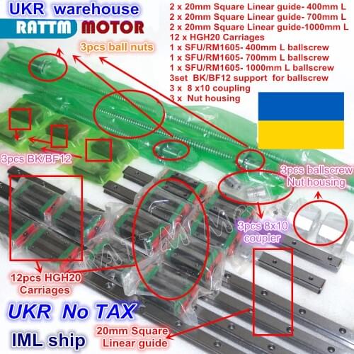 UA 3sets Square Linear Rails kit L-400/700/1000mm & 3pcs Ballscrew 1605-400/700/1000mm with Nut & 3set BK/B12 & Coupling for CNC