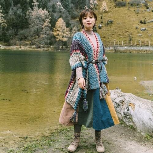 Boho Mohair Pashmina Blue Sky Cloud Stripe Knit Artsy Scarf Glamping Warm Blanket Coat Casual Gypsy Carpet Women Poncho Sweaters