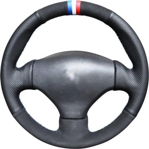 Hand-stitched Black Genuine Leather Suede Car Steering Wheel Cover for Peugeot 206 1998-2005 206 SW 2003-2005 206 CC 2004 2005