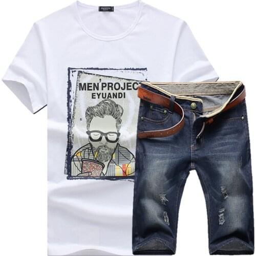 Men summer thin t-shirt tops demin shorts 2 pcs sets boy casual O neck short sleeve t shirt jeans short trouser suits sportswear