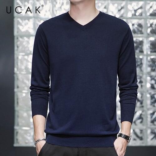UCAK Brand Mens Solid Color V-Neck Knitting Sweater Clothing Autumn New Tops Streetwear Casual Long Sleeve Pullover Homme U1006