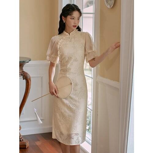 2021 Summer New Style Chinese Style Retro Lace Daily Casual Cheongsam Dress Literary Girl Puff Sleeve Slim Mid-Length Dress