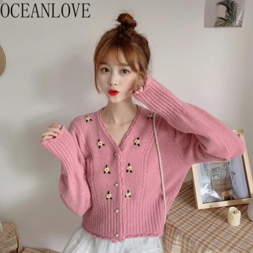 OCEANLOVE Floral Pink Sweaters Women Autumn Slim Short Kawaii Mujer Chaqueta Girls Sweet Cardigans Korean Fashion Clothing 17852