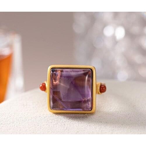 S925 Sterling Silver Inlaid Hetian Jade Gray Jade Mauve Jade Geometric Simple Temperamental All-Match Summer Ring Rings Jewelry