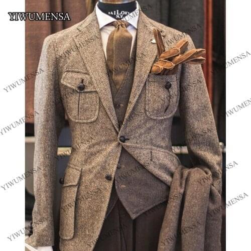 Tweed Mens Safari Suits Herringbone Hunting Business Tuxedos Notch Lapel Custom Made Formal Blazer Wedding Mens Dinner Party