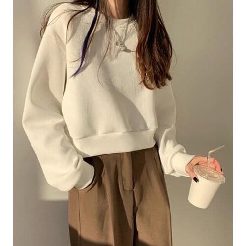 2021 Fall Crop Tops Solid Short Hoodies For Women Long Sleeve O-neck Pullovers Loose Casual Sweatshirts Female Autumn Wear H003