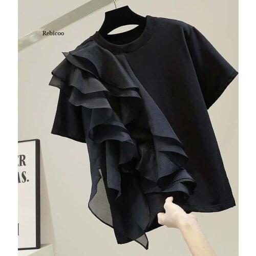 Women T-shirts Fashion Top Summer Black Tops New Black Ruffle Mesh Tee Plain Short Sleeve Casual Daily Korean Japan Style