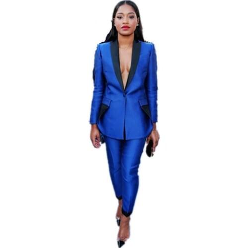 Spring Winter Formal Royal Bule Women Pant Suits Ladies Office Uniform Style Elegant Work Clothes Black Lapel Custom Made