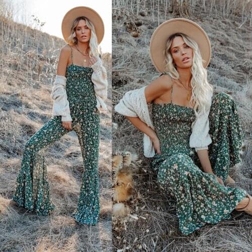 Sexy Sling Jumpsuit Women Floral Print Flared Playsuits Combinaison Femme Overalls 2021 Summer Holiday Long Romper Jumpsuits